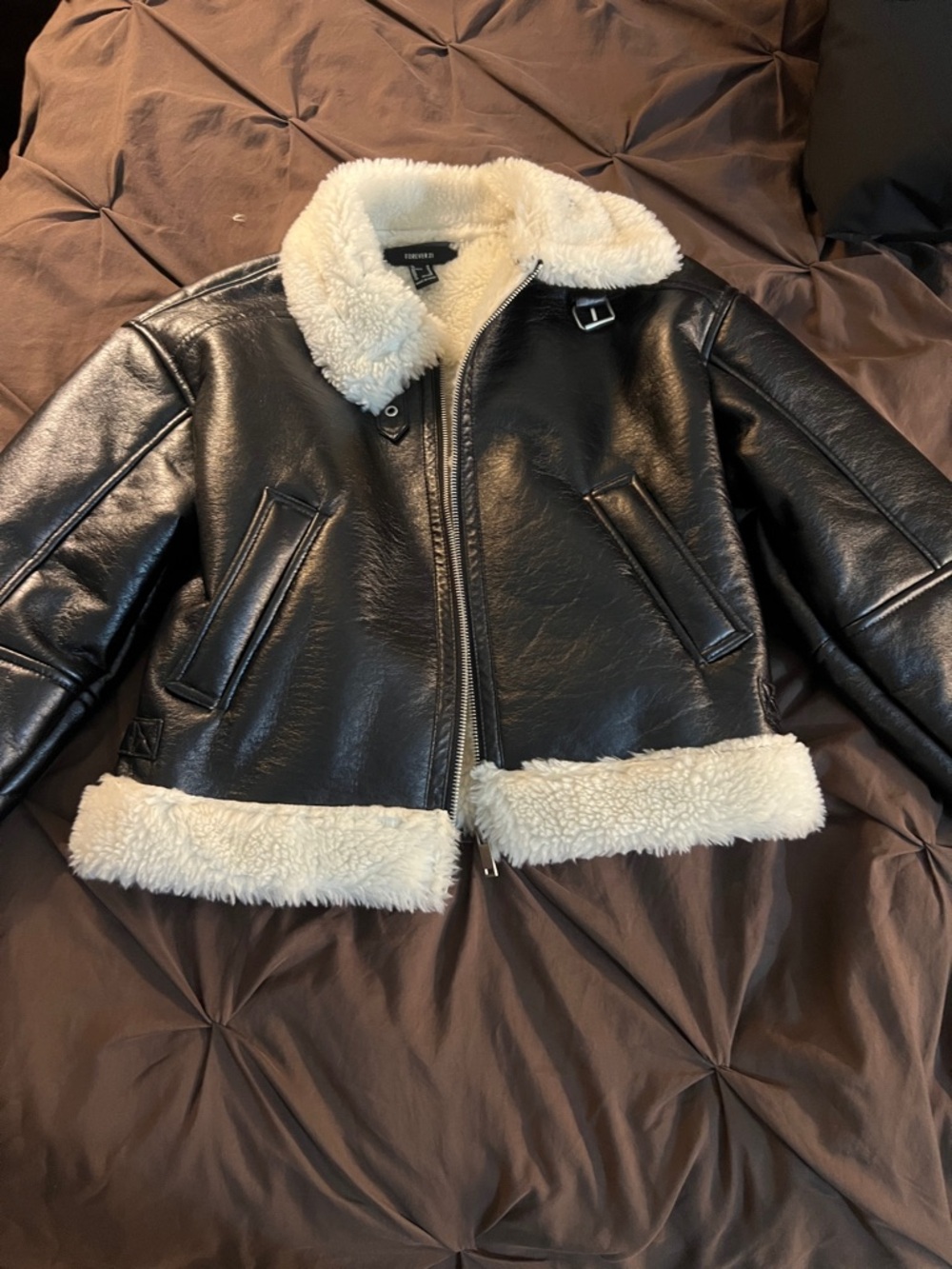 Forever 21 Black Faux Leather Jacket with Cream Sherpa Trim